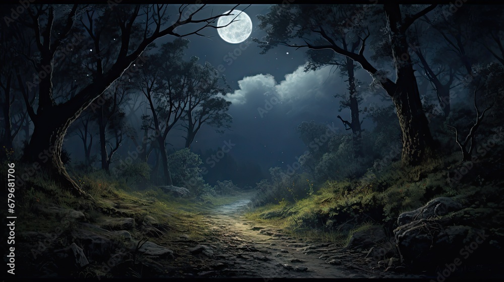  a painting of a path through a dark forest with a full moon in the sky above the trees and on the ground. - obrazy, fototapety, plakaty 