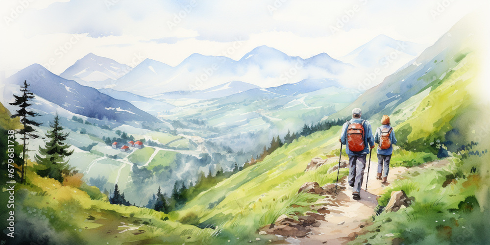 Happy Senior Couple Hiking with Trekking Sticks and Backpack at Mountain Forest Trail. Enjoying Calming Nature, Having a Good Time on Retirement. Nordic Walking. Watercolour Illustration.