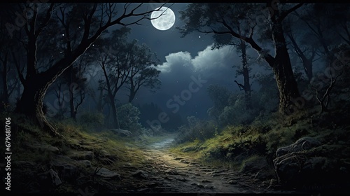  a painting of a path through a dark forest with a full moon in the sky above the trees and on the ground. photo
