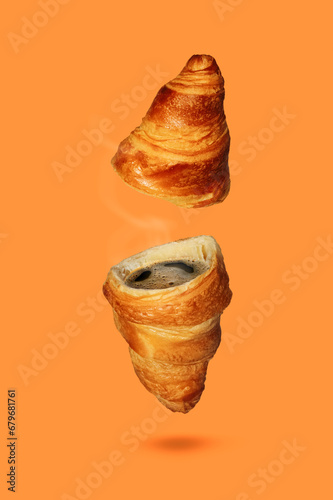 Creative photo concept  croissant with coffee