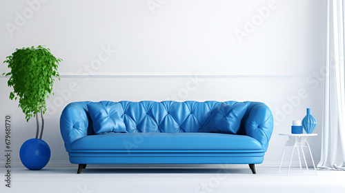 Soothing Symmetry: The Harmony of a Blue Sofa Amidst a white Background ai generated photo