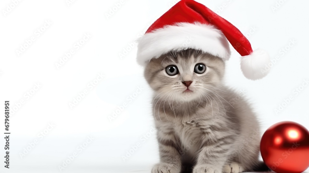 Kitten in a Christmas red Santa Claus hat. kitten in a santa hat. on a white background. Kitten in a Christmas red Santa Claus hat. kitten in a santa hat. on a white background.