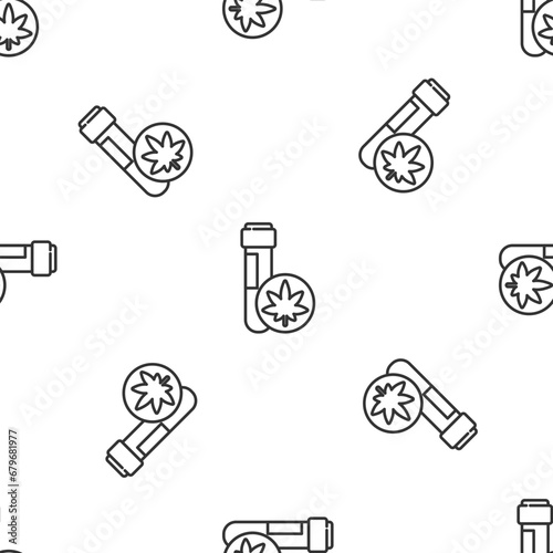 Grey line Chemical test tube with marijuana or cannabis leaf icon isolated seamless pattern on white background. Research concept. Laboratory CBD oil. Vector Illustration