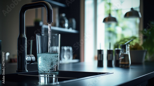 A modern water tap with purified water fills a glass. Close-up of water being poured into a glass from a tap. photo