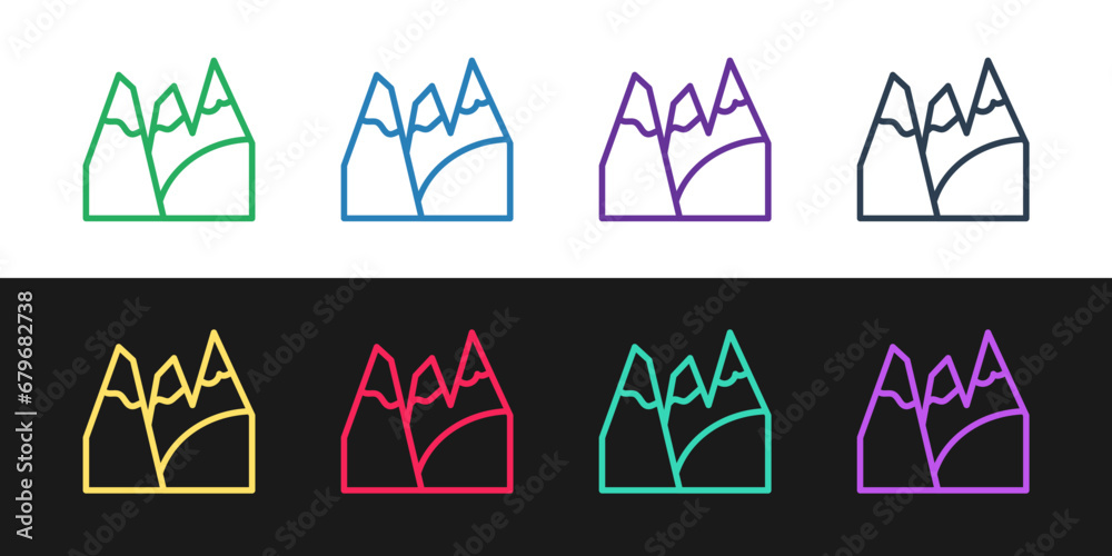Set line Mountains icon isolated on black and white background. Symbol of victory or success concept. Goal achievement. Vector Set line Mountains icon isolated on black and white background. Symbol of victory or success concept. Goal achievement. Vector