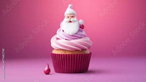  a cupcake with a pink frosting and a santa clause on top of it, on a pink background.