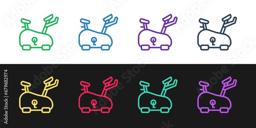Set line Stationary bicycle icon isolated on black and white background. Exercise bike. Vector