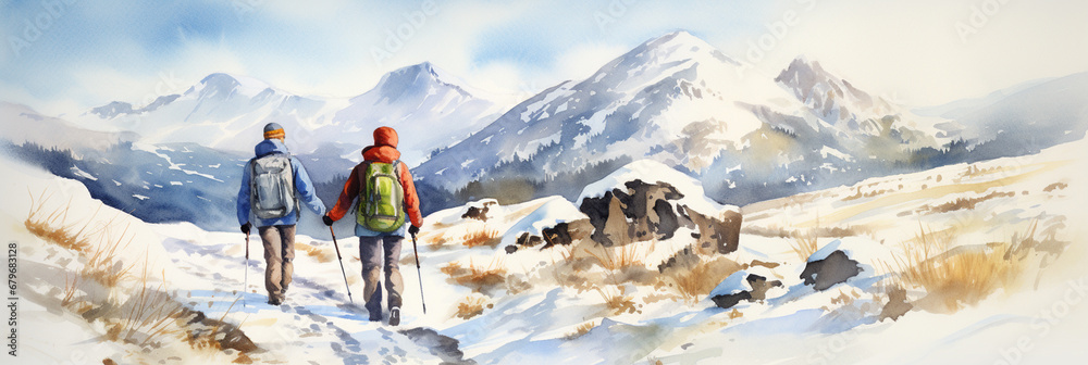 Happy Senior Couple Hiking with Trekking Sticks and Backpack at Winter Mountain Trail in Snow. Enjoying Calming Nature, Having a Good Time on Retirement. Nordic Walking. Watercolour Illustration.