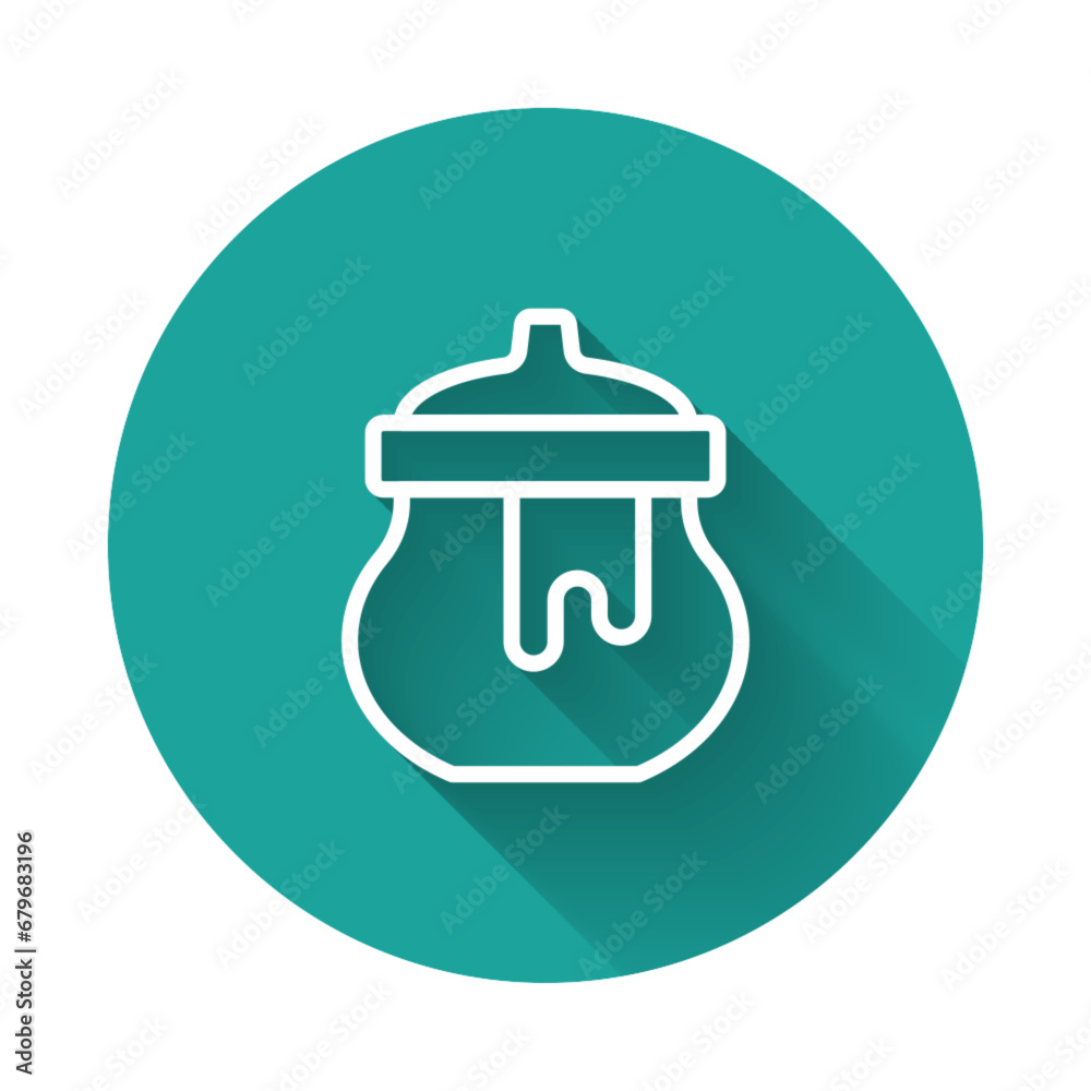 White line Jar of honey icon isolated with long shadow background. Food bank. Sweet natural food symbol. Green circle button. Vector White line Jar of honey icon isolated with long shadow background. Food bank. Sweet natural food symbol. Green circle button. Vector