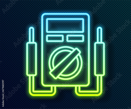 Glowing neon line Ampere meter, multimeter, voltmeter icon isolated on black background. Instruments for measurement of electric current. Vector