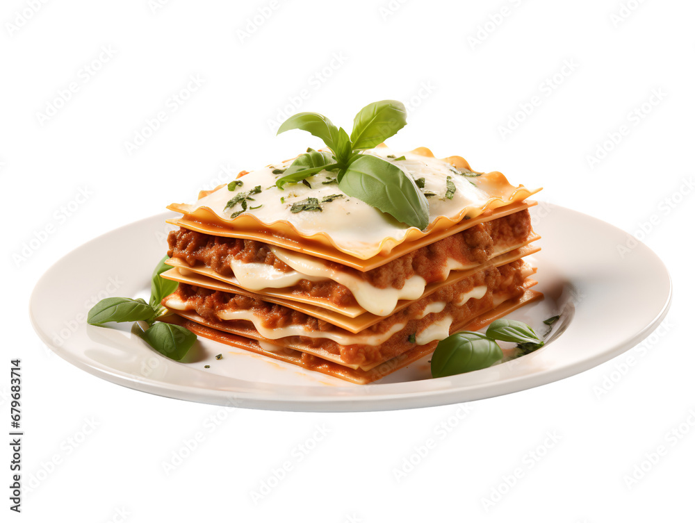 Hearty Lasagna on a Plate, isolated on a transparent or white background