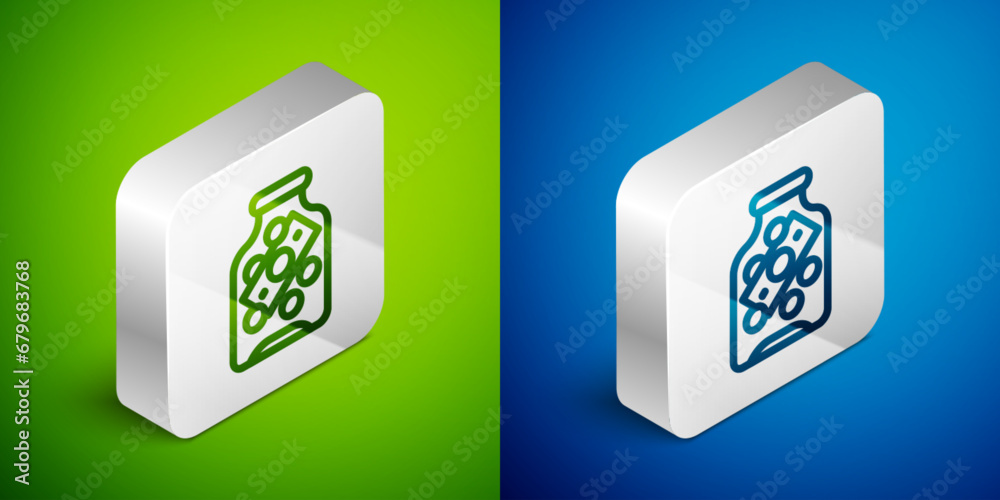 Isometric line Glass money jar with coin icon isolated on green and blue background. Icon saving or accumulation of money, investment. Silver square button. Vector Isometric line Glass money jar with coin icon isolated on green and blue background. Icon saving or accumulation of money, investment. Silver square button. Vector
