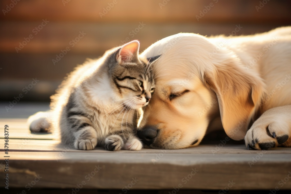 Cute cat and puppy dog labrador hugging showing clear animal love and friendship