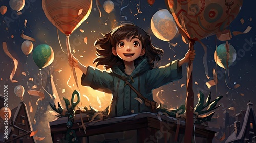  a painting of a girl holding a bunch of balloons while standing on top of a roof with her hands in the air.