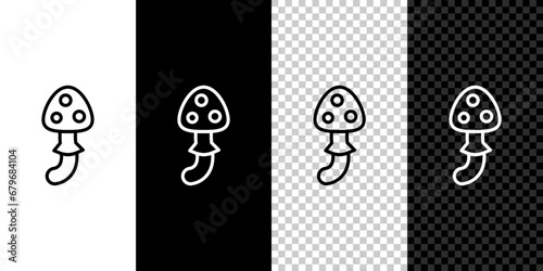Set line Psilocybin mushroom icon isolated on black and white, transparent background. Psychedelic hallucination. Vector