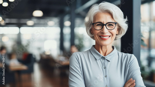 Senior caucasian woman wearing business glasses at the office.