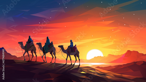 Modern colorful illustration of the Three Wisemen journey to Bethlehem.