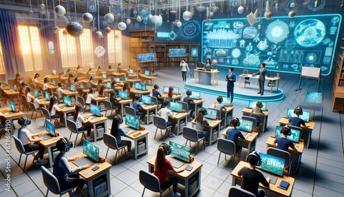 High-tech, interactive virtual reality classroom with students engaged in digital lessons, holographic displays.Generative AI