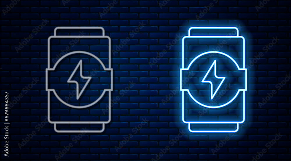 Glowing neon line Energy drink icon isolated on brick wall background. Vector Glowing neon line Energy drink icon isolated on brick wall background. Vector