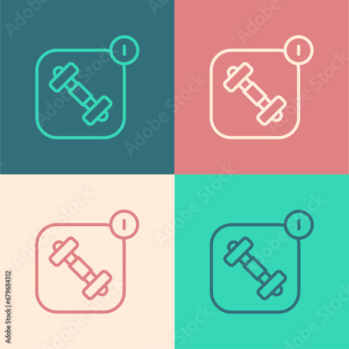 Pop art line Fitness app for sports icon isolated on color background. Healthcare mobile app concept. Online fitness or mobile trainer. Vector