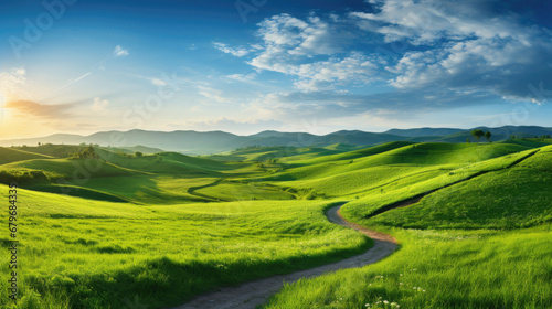 landscape with green field and sky, Natural panoramic spring summer landscape