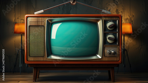 Old vintage wooden television in 70s style