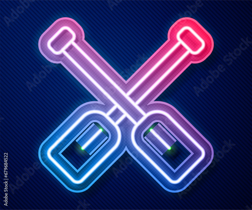 Glowing neon line Paddle icon isolated on blue background. Paddle boat oars. Vector