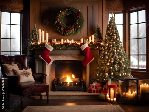  photo of a beautifully decorated fireplace mantel, with stockings hung and a crackling fire spreading warmth and cheer  © Mahmoud