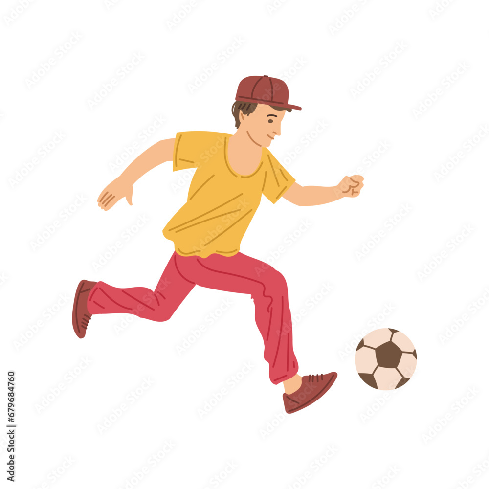 Boy playing soccer, kicking the ball, cartoon teenager playing football, children healthy sport activity vector isolated