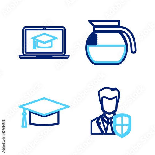 Set line User protection, Graduation cap, Coffee pot and laptop icon. Vector