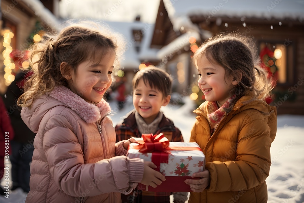 heartwarming photo of children eagerly exchanging gifts with big smiles on their faces with eye contact during a holiday gathering heartwarming photo of children eagerly exchanging gifts with big smiles on their faces with eye contact during a holiday gathering