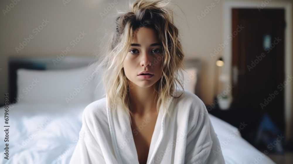 Morning Madness in Dressing Gown and Tousled Hair: Realizing the Impending Virtual Meeting in Disarray - obrazy, fototapety, plakaty 