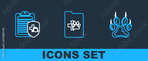 Set line Paw print, Clinical record pet and icon. Vector