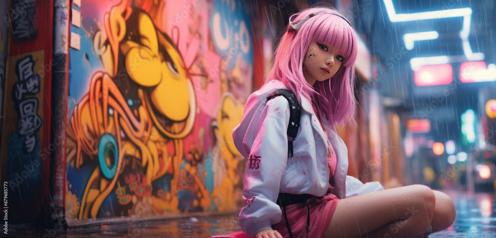 a anime girl in pink and white standing on a pavement