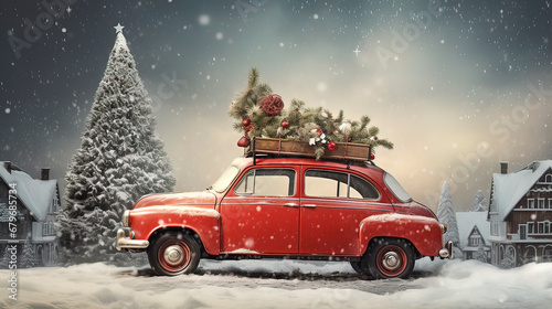 A red car is carrying a Christmas tree, a snowy landscape, and houses. AI Generation © Terablete