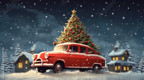 A red car is carrying a Christmas tree, a snowy landscape, and houses. AI Generation