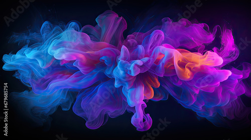 Swirling neon blue and purple multicolored smoke puff cloud design element isolated on black background