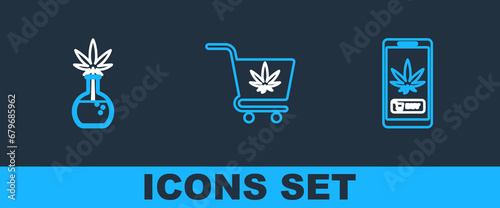 Set line Online buying marijuana, Test tube with and Shopping cart icon. Vector