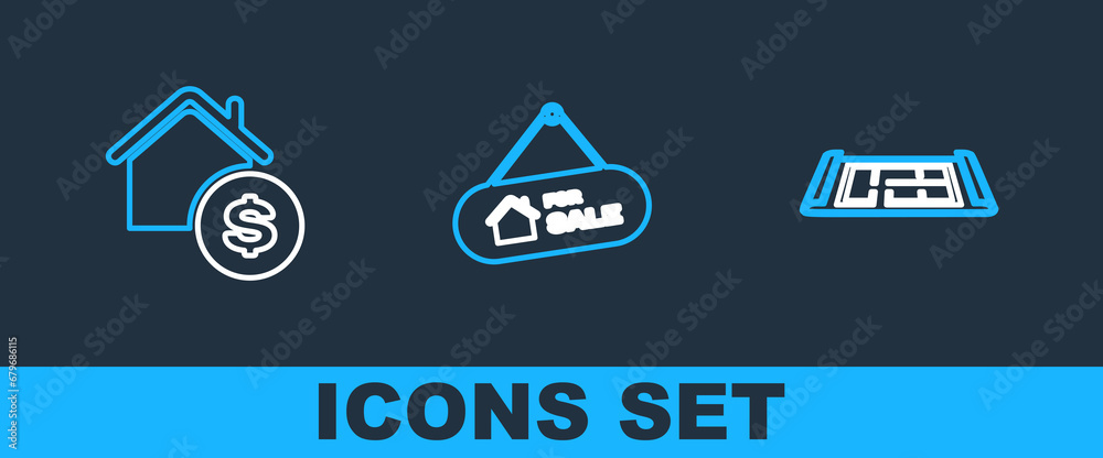 Set line House plan, with dollar and Hanging sign For Sale icon. Vector Set line House plan, with dollar and Hanging sign For Sale icon. Vector