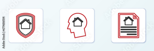 Set line House contract, under protection and Man dreaming about buying house icon. Vector
