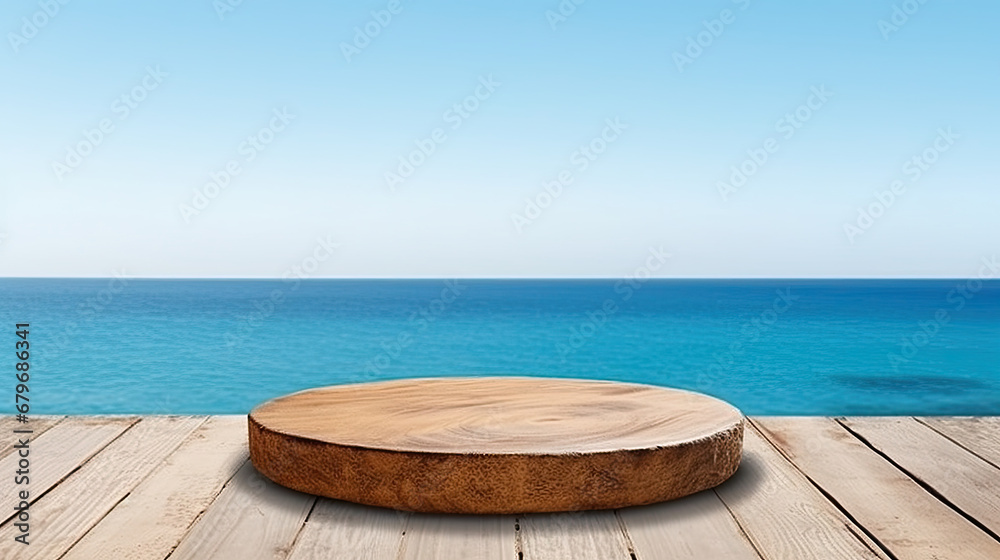 Wood table top on blur summer blue sea and sky background - can be used for display or montage your products Wood table top on blur summer blue sea and sky background - can be used for display or montage your products