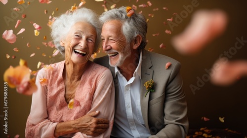  a man and a woman are smiling and confetti is falling in the air behind them are pink petals.