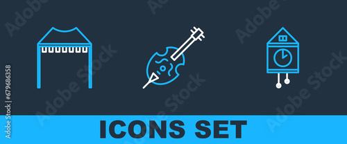 Set line Retro wall watch, Camping tent and Violin icon. Vector
