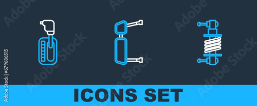Set line Shock absorber, Gear shifter and Truck side mirror icon. Vector