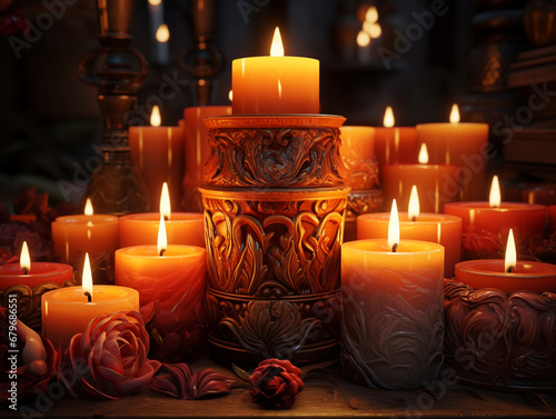 Decorative candles are being lit. Various sizes and decorations. Used for a ceremony or event.