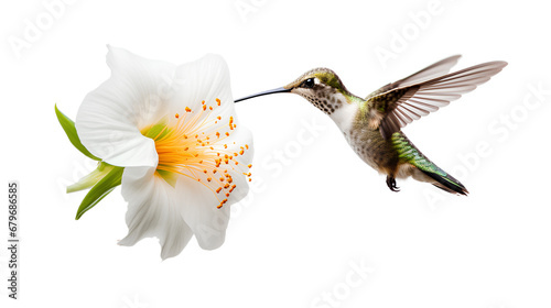 Hummingbird and flower, a hummingbird feeding from a white flower on a transparent background, Generative AI © mizan