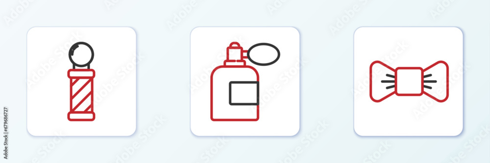 Set line Bow tie, Classic Barber shop pole and Aftershave bottle with atomizer icon. Vector Set line Bow tie, Classic Barber shop pole and Aftershave bottle with atomizer icon. Vector
