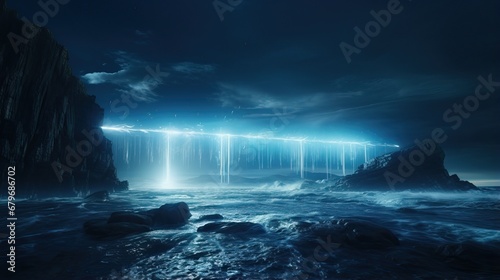 Fantasy neon lights on rocky beach at night