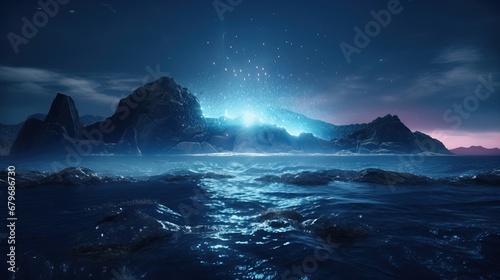 Fantasy neon lights on rocky beach at night © WODEXZ