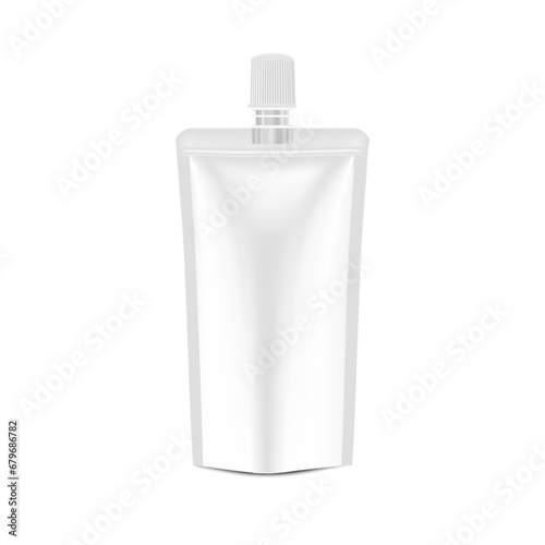 White Blank Foil Food Or Drink Bag Packaging With Lid. Plastic Pack Template Ready For Your Design. Vector illustration EPS 10.